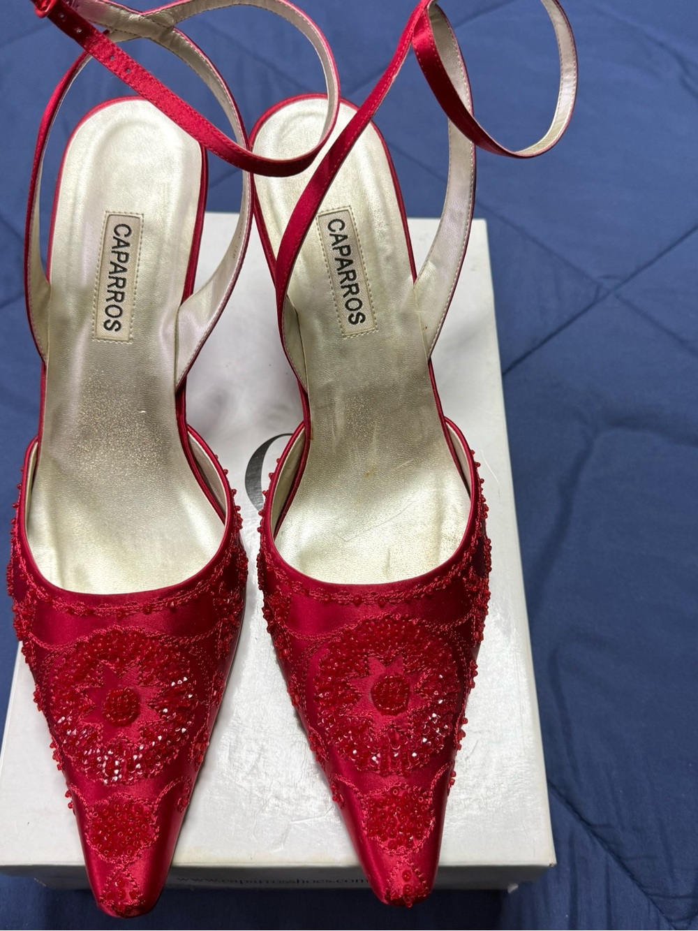 Caparros Red Beaded Pointed-Toe Slingback Heels
